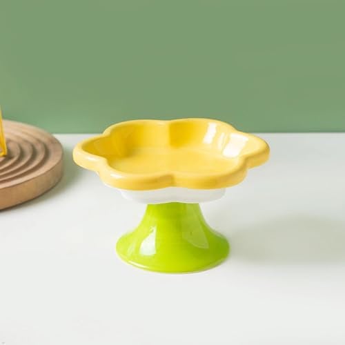 Raised Cat Bowl,Elevated Cat Food Bowl,Ceramic Cat Bowls for Food and Water, Raised Cat Food Dish,Whisker Fatigue,Wide Shallow Design for Pet Easy Eating (Yellow Green)