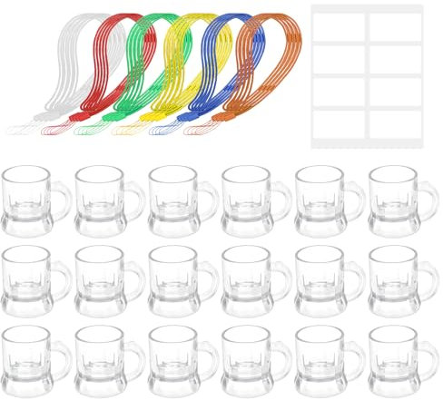 Focxoio 24 Schnapsgläser mit Henkel, 3 cl Schnapsbecher zum umhängen mit 24 Ketten, Kunststoff Schnapsglas mit Etiketten zum Beschriften des Namens für Hochzeit, Geburtstag