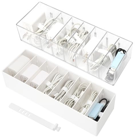 HENGBIRD 2 Piezas Organizador Cables, Caja de Cables Blanca con 7 Bridas para Cables, Caja de Almacenamiento de Cables Organizador de Cables, Caja organizadora de Cables para Cargadores Auriculares