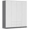 Rauch Möbel Belfast Kleiderschrank, Schrank, Garderobe, Organizer, 4-türig, 4 Schubladen für mehr Stauraum, Farbe Weiß/Grau metallic, Schwarz, Stangengriff Weiß, 181x197x54cm
