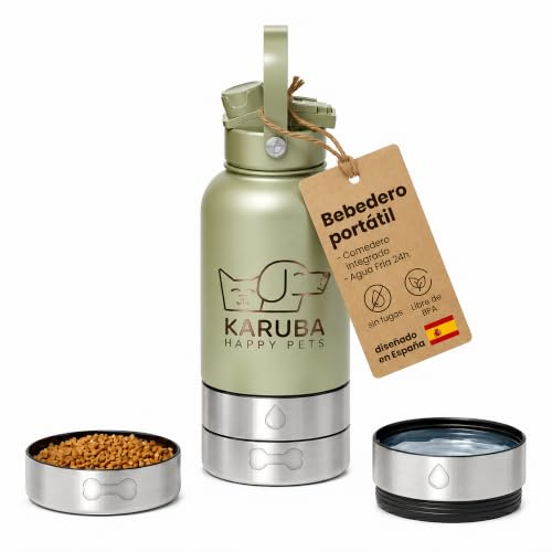 Karuba Botella de Agua para Perros 3 en 1 Acero Inoxidable 1L, Bebedero Portátil con Comedero Integrado, Sin Fugas, Agua Fría 24h