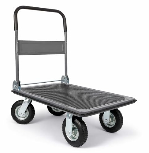 Plattformwagen bis 300 kg, Klappbar mit Luftreifen und Gummibezogener Ladefläche, Transportwagen mit Kantenschutz für Umzug, Gartenarbeit und Lager, Robuster Handwagen, Stabile Transportkarre