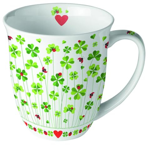 Ambiente Kaffeetasse Tee Becher Porzellan XL Jumbotasse 0,4l Viel Glück - Glücksklee weiß grün Marienkäfer Fine Bone China Ganzjahresmotiv