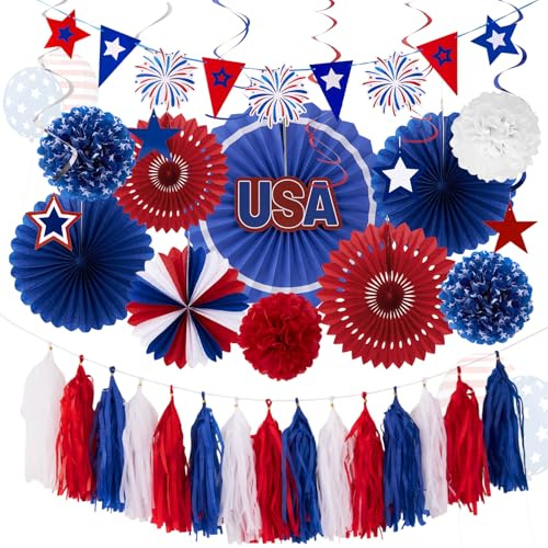 SUNBEAUTY 16 Stück Unabhängigkeitstag Party Dekoration Papier Fächer Dekoration Hanging Girlande & Banner Set 4. Juli USA Party Deko Pompoms PapierfäCher Girlande USA-Flaggen für Amerika Party