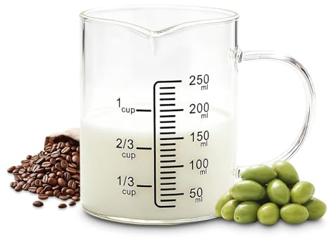 Measuring Jug, 250ml Transparent Glass Measuring Cup, with Clear Measurements and with Anti-Drip Spout, for Accurate Cooking and Baking, Ideal for Bartending and Coffee Brewing