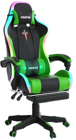 PORIYA Gaming Chair with Adjustable Backrest, Ergonomic Executive Office Chair with 2-Point Massage, Height Adjustable Racing Chair (Green Massage&LED)