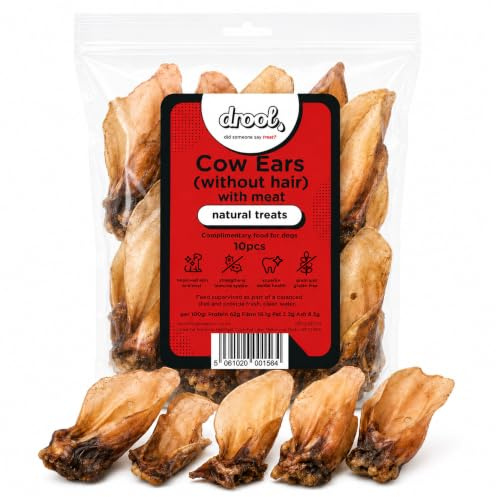 Drool Cow Ears Without Hair with Meat, 10 Pieces, Natural Air Dried Dog Chews, Beef Ear Treats for Dogs