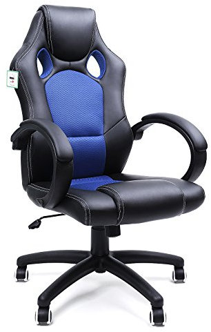 SONGMICS Racing Sport Office Tilt Function Computer Desk Swivel Chair PU (Blue) OBG56LUK, 77 x 66 x (107-117) cm