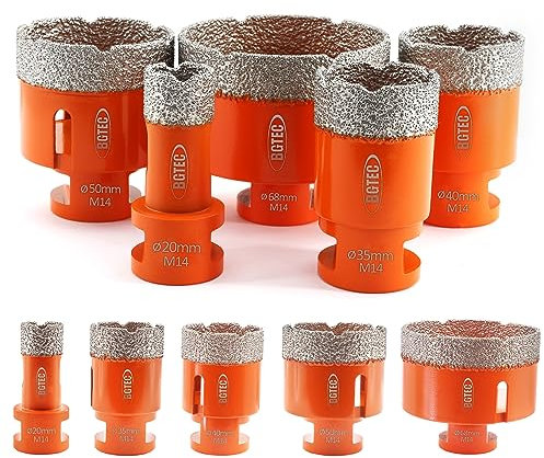 BGTEC - Set di 5 punte per trapano diamantate a secco, per piastrelle in porcellana, ceramica, marmo e mattoni, filettatura M14, per sega a tazza mista, 20/35/40/50/68 mm