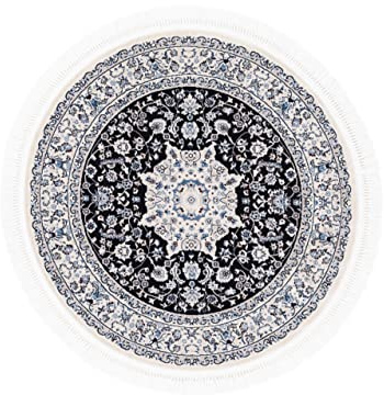 carpetfine Orientteppich Nain Diane Blau Ø 90 cm Rund | Tradtioneller Teppich für Schlaf- und Wohnzimmer