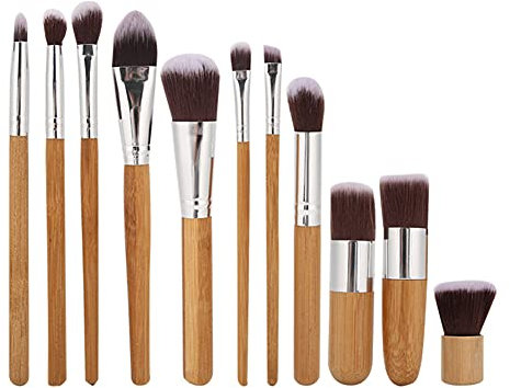 Lot de 11 pinceaux de maquillage en fibre avec manche en bois, poils doux pour le visage, avec sac