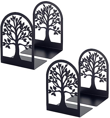 Metal Book Ends, Heavy Duty Bookends, 2 Pairs Black Book End Holder for Shelves, Decorative Tree Unique Design Book Stand Stoppers Supports for Home Office Library Bookshelf Heavy Books