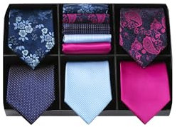HISDERN Corbata Hombre Seda y Pañuelo - 5 Juegos de Corbatas y Pañuelos Modernas Corbata Larga Fucsia Azul Boda 8,5 cm 150 cm con Caja de Regalo