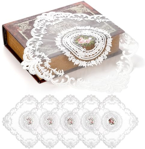 AVLA 6 Pack Lace Placemats, Retro French Style Cup Mat, Embroidered Dinning Table Place Mats, Fashionable Flower Vintage Crochet Lunchmat Doilies, Square Hollow Vase Mat for Home Wedding Decoration