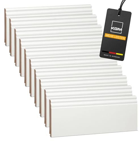 KGM Hamburger Massivholz Sockelleiste - Weiß - 2400 x 18 x 115 mm - 20 Stk. | Kiefer lackiert, Fußbodenleiste, Altberliner Profil, Wandabschluss, Kabelkanal, lösemittelfrei, für Laminat & Vinyl, 48m