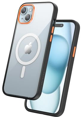 FLOLAB Surtect Tri-Fusion magnetische Schutzhülle für iPhone 15 Plus, schlankes Design, Magsafe-kompatibel, militärischer Rahmen, transparent, Orange Blaze