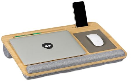 Relaxdays Cojín para Portátil, Bandeja Ordenador Cama, Bambú, con Reposamuñecas y Mouse Pad, 10x55,5x36 cm, Natural/Gris