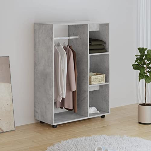 PIXZSSI Kleiderschrank Schlafzimmer Holzwerkstoff mit Rollen Mehrzweckschrank Moderner Stil Funktionale Schrank mit EIN Großes Offenes Fach und 3 Seitliche Ablagen Betongrau 80x40x110 cm