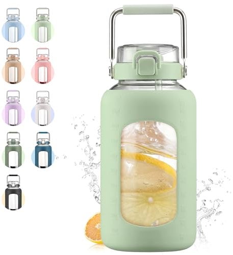 WINSA 84oz Glass Water Bottle with Stainless Steel Handle,2.5L Gallon Water Bottle with 2-IN-1 Straw Lid, Silicone Sleeve and Motivational Capacity Marker, Wide Mouth Water Jug For Gym, Workout, Green