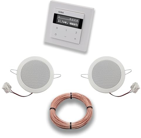 Gira Unterputz IP Internetradio 232003 + Bluetooth Komplett-Set, E2 reinweiß glänzend + 2 x Deckenlautsprecher/Einbaulautsprecher + 20 Meter Lautsprecherkabel 2x0,75 mm