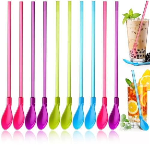 Jeffdad 10Pcs Plastic Straw Spoons, 2 in 1 Colored Straw Spoon Reusable Detachable Straw Spoons Detachable for Smoothie, Milkshake, Cocktails, Coffee and Hot Drinks