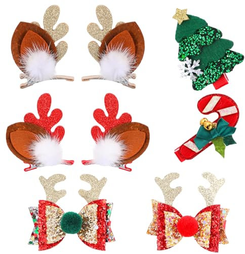 Andibro 8 Stück Weihnachten Haarspangen Set,Xmas Glitter Geweih Haarclips Weihnachtsbaum Haarklammern Weihnachtsmütze Haarnadeln Niedlicher Weihnachts Haarschmuck für Kinder Mädchen Frauen Damen