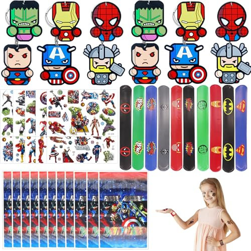 40 pezzi Supereroi Party Bomboniere Set Gadget Compleanno Bambini Festa Kit con Portachiavi A Scatto Sacchetti Regalo Tatuaggio Adesivi per Ragazzi Ragazze