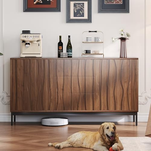 Sideboard 150cm Eiche dunkel gemasert, 3 Schubladen, großes Sideboard, Küchenschrank, einteilige Aussparung, Mid Century Modern Dekorativer Schrank für Küche, Wohnzimmer, Eingangsbereich, Flur
