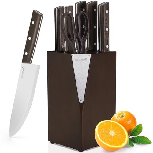 lapelux Knife Set – 6 Piece Kitchen Knives –Kitchen Knife Set with Knife Block, Natural Wood, Sharp Stainless Steel Blades for Cutting Meat/Bread/Vegetables/Fruit.