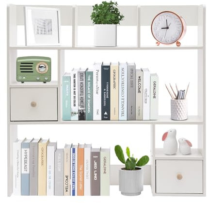 Fyssnn Multipurpose Desktop Bookcase 3-Tier, Natural Wooden Ladder Desk Organiser, DIY Display Book Rack with 2 Drawers, Desktop Storage Bookshelf for Office Home Dormitory (Warm White)