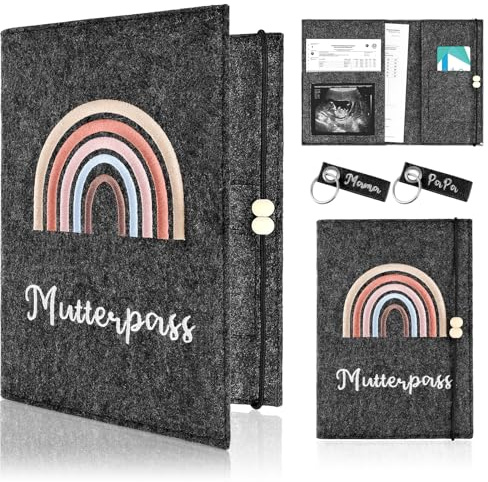 PlsMupn Mutterpass Schutzhülle, Filz Handgefertigt,Mutterpasshülle, 4 Fächer, Hülle Mutterpass Kommt mit Zwei Schlüsselanhängern, Mutterkindpasshülle für Schwangerschaftsdokumente (Schwarz)