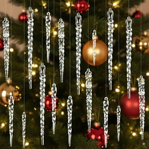 Crystal Christmas Tree Decorations, 24 Acrylic Icicle Ornaments with 2 Rolls of String, Winter Theme Party Decor, Indoor Holiday Decoration for Christmas Tree, 4 Sizes Included