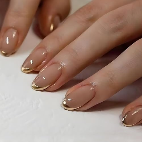 Christmas Short French Tip Almond Press On Nails, 24PC French Gold & Nude Nails Press Ons with DIY Tool, Reusable Semi-Transparent Stick On Almond False Nails for Long-Lasting,Glossy Press- On 12 Size