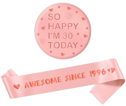30th Birthday Decorations Sash Set - Rose Gold Awesome Since 1996 Sash with Button Badge, Happy 30 Years Old Birthday Party Decoration for Fabulous Women