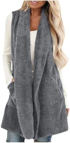 Generisch Teddy Weste Damen Lang Fleece Strickjacke Ärmellose Revers Fleeceweste Winter Teddyjacke Modisches Einfarbig Fleecejacke Open Front Wintermantel mit Taschen Fleece Cardigan Warm Winterweste