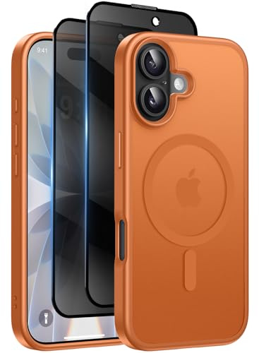 Qasyfanc for iPhone 17 Case, Privacy Screen Protectors X2, Orange | Compatible with MagSafe, Military-Grade Protection, Translucent Matte Shockproof Phone Cover