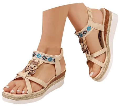 Women's Sandals Womens Summer Wedge Sandals Orthopaedic Boho T-Bar Glitter Sandalettes Comfortable Soft Sole Beach Holiday Shoes Strap Heeled Sandals Outdoor Walking Wide Fit Ladies