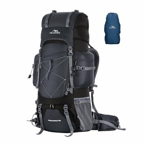 TRAWOC Peakpro Reiserucksack für Wandern, Trekking, Camping, mit Laptopfach, Schuhfach, 75 l, GRAU, 75L, Rucksack, Rucksäcke