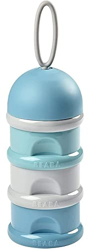 BÉABA - Formula Dispenser - Storage for Baby Milk Powder - Stackable - 3 Compartments - 100% airtight - Long-term use as a snack Box - Blue/Green/Grey