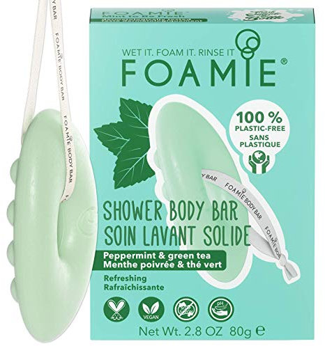 FOAMIE Shower Body Bar, Peppermint & Green Tea. Plastic-Free, Soap-Free, No Sulphates or Parabens. Made Sustainably in the UK. 100% Vegan and Cruelty free. Environmentally friendly solution.