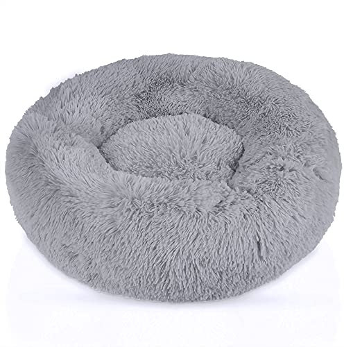 INTIRILIFE Flauschiges Plüsch Haustierbett in Hell Grau Durchmesser 80 cm - Weiches rundes rutschfestes Hundebett Katzenbett Kissen Komfortables Hundesofa Katzensofa für Hunde und Katzen