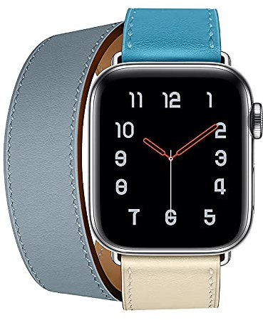 Aergood Cuir Bande,Compatible avec Apple Watch Bracelets 38/40/41mm 42/44/45mm, Double Tour Bracelet de pour iwatch Series 7 6 5 4 3 2 1 SE(42/44/45mm,Ciel/Blanc)