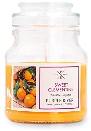 Purple River kleine Duftkerze im Glas mit Deckel | Sweet Clementine | Duftkerze Orange | Sojawachskerze | Raumduft für Zuhause | Geschenke für Frauen