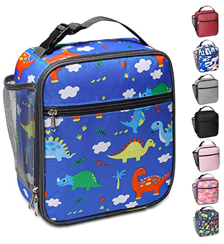 Apuucse Dinosaur Insulated Lunch Bag with Side Mesh Pocket for Kids/Boys/Girls/Child,Water-Resistant Leakproof Soft Cooler Bag Durable Portable Thermal Lunch Box for School/Picnic/Outdoor(Sky Blue)