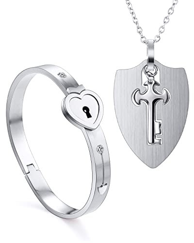 2 Stück Armreif mit Schloss Anhänger Kette Schlüssel Set für Paare,Silber Edelstahl Herz Sperren Armband Armbänder Damen Herren Halskette ketten für Pärchen Couple Partner Freundschaft BFF Geschenk