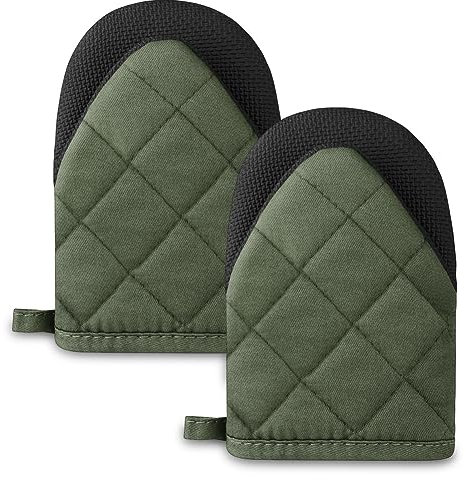 AUAUY 1 Paar Ofenhandschuhe, Topflappen Handschuh, Hitzebeständige Küchen Ofenhandschuhe für 220°C/428°F, Baumwolle rutschfeste Griffflächen und Handschuhe zum Aufhängen, Backen, Grillen (Armeegrün)