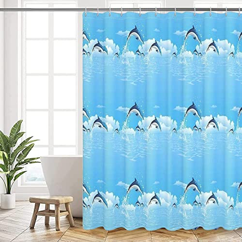 DHSWNNG Duschvorhang 180x200 cm Duschvorhänge Delfine Badewanne Vorhang Wasserdichter Duschvor Hang mit 14 Duschvorhängeringen Blickdicht Shower Curtains für Badezimmer (Blau)