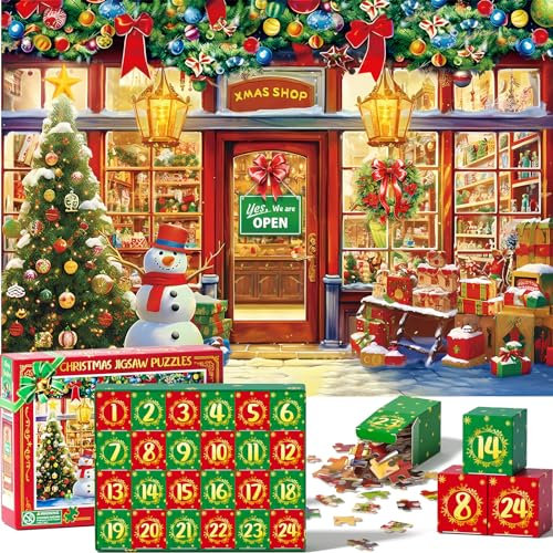 Partylamb Adventskalender 2024-1000 Teile Weihnachtspuzzles für Kinder Erwachsene Teens Weihnachten Countdown Kalender Familienspiel Puzzle Xmas Geschenkidee 24 Tage Überraschungen für Jungen Mädchen