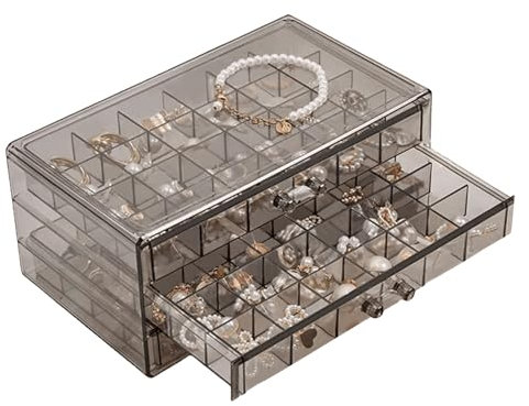 Jewellery Storage Box Clear Earring Storage Box Acrylic Earring Holder with 3 Drawers 72 Small Compartments for Ring Earring, Grey