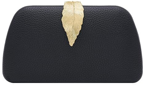 Milisente Clutch Damen, Elegant Kette Abendtasche Tasche Für Samt Mit Blatt Schnalle Verschluss Hochzeit Handtasche(Leder schwarz)